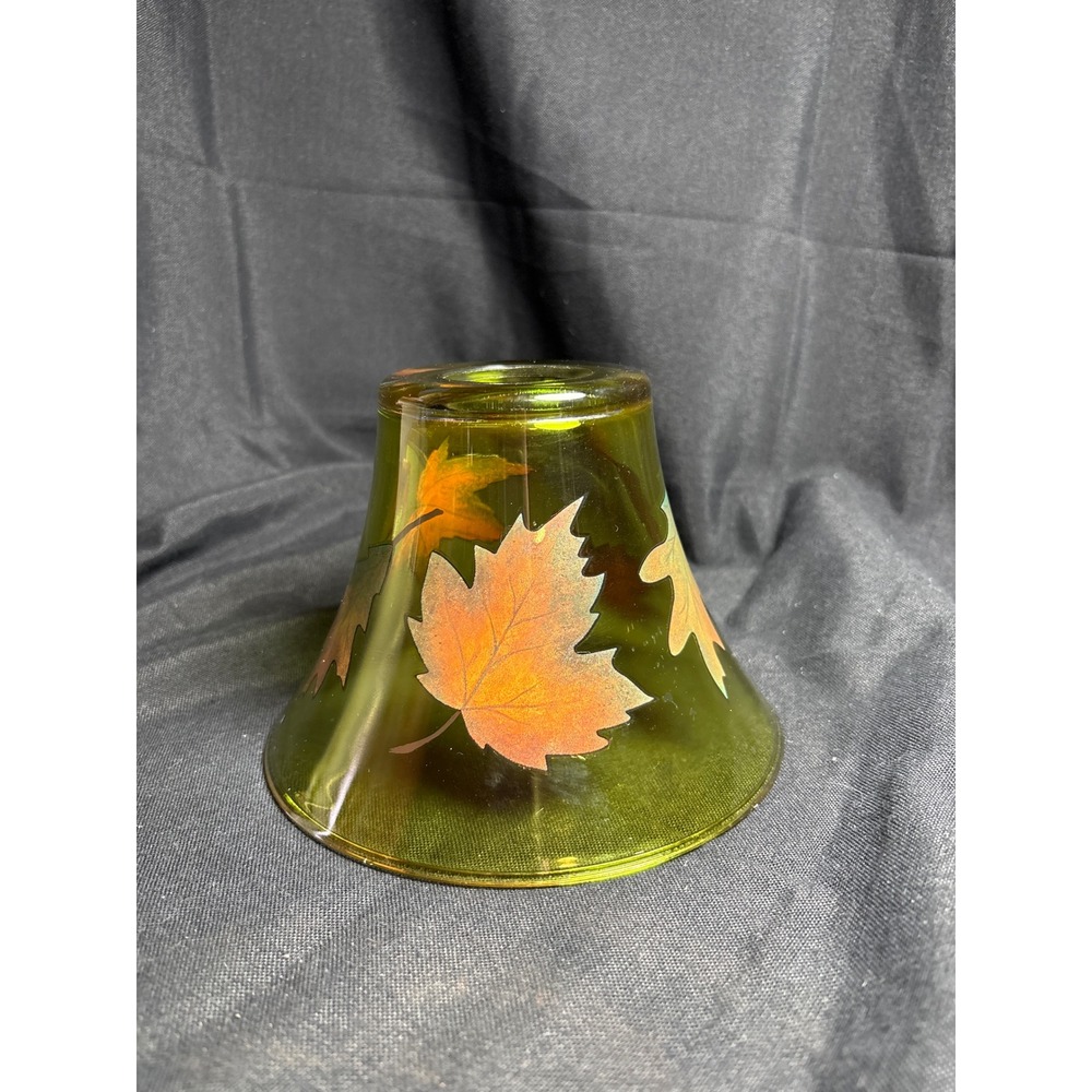 Olive Green Glass Candle Shade Hand Painted Fall Autumn Leaves Jar Topper 6.5in